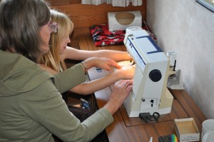 This is me and my grandma sewing my buddy book bag!